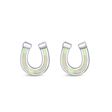 Horseshoe Stud Earrings Lab Created White Opal 925 Sterling Silver (9mm)